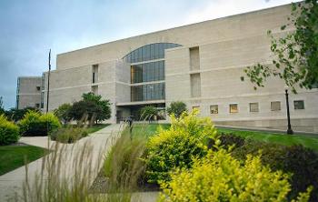 Exterior long shot of Hammond U.S. Courthouse with sustainable, native landscaping in foreground