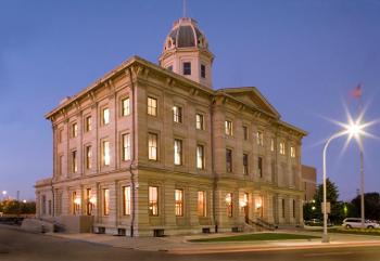 Exterior night shot of the Port Huron U.S. Courthouse