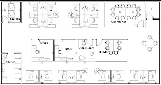 A floor plan layout diagram of a small office space. In the center are two offices